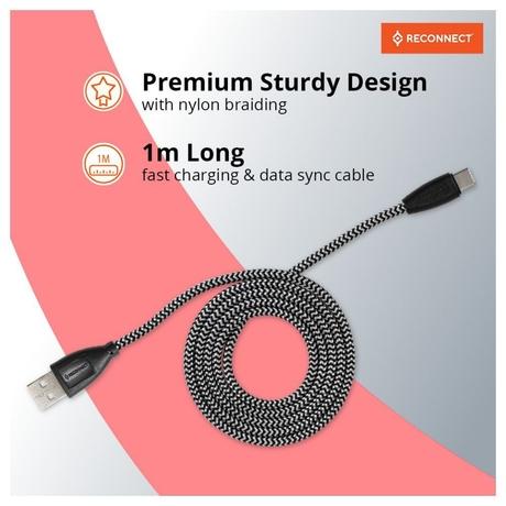 Reconnect USB-C Braided Cable, 480 Mbps Data Speed, 18 W, 3 A Fast Charging, 100 cm (1 m) Length, Premium Sturdy Design, Nylon Braiding, Compatible with USB-C Ports, Black, RATCB1003-1