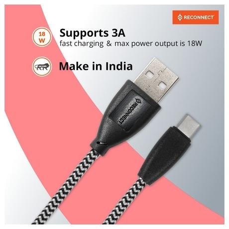 Reconnect USB-C Braided Cable, 480 Mbps Data Speed, 18 W, 3 A Fast Charging, 100 cm (1 m) Length, Premium Sturdy Design, Nylon Braiding, Compatible with USB-C Ports, Black, RATCB1003-2