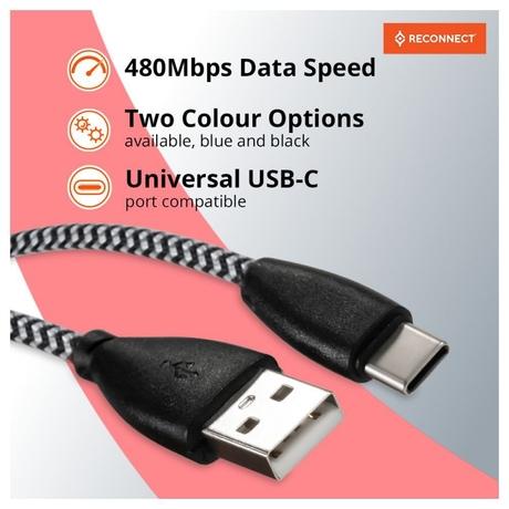 Reconnect USB-C Braided Cable, 480 Mbps Data Speed, 18 W, 3 A Fast Charging, 100 cm (1 m) Length, Premium Sturdy Design, Nylon Braiding, Compatible with USB-C Ports, Black, RATCB1003-3