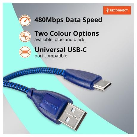 Reconnect RATCB1003 USB-C Braided Cable, 480 Mbps Data Speed, 18W, 3A Fast Charging, 100 cm (1 m) Length, Premium Sturdy Design, Nylon Braiding, Compatible with USB-C Ports, Made in India, Blue-1