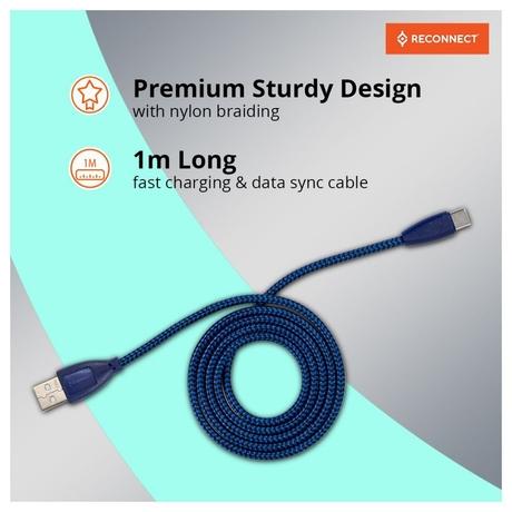 Reconnect RATCB1003 USB-C Braided Cable, 480 Mbps Data Speed, 18W, 3A Fast Charging, 100 cm (1 m) Length, Premium Sturdy Design, Nylon Braiding, Compatible with USB-C Ports, Made in India, Blue-3