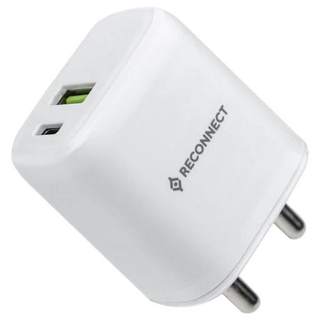 Reconnect 20 Watt Fast Charging Wall Charger, Dual Ports (USB-A & USB-C), QC 3.0 Certified, Multi-Layer Protection, Intelligent Power Distribution, Fire Retardant Body, White-0