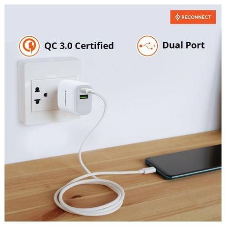 Reconnect 20 Watt Fast Charging Wall Charger, Dual Ports (USB-A & USB-C), QC 3.0 Certified, Multi-Layer Protection, Intelligent Power Distribution, Fire Retardant Body, White-1
