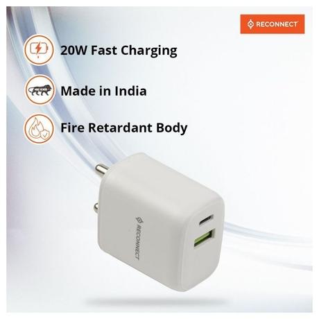 Reconnect 20 Watt Fast Charging Wall Charger, Dual Ports (USB-A & USB-C), QC 3.0 Certified, Multi-Layer Protection, Intelligent Power Distribution, Fire Retardant Body, White-3