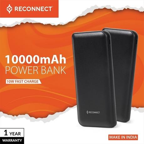 Reconnect 10000 mAh Power Bank, 2 Type A Port & 1 Type C Port, 10 W, Multiple device support, Short Circuit protection, Auto USB detection, Auto Cut-off, Slim, Lightweight, Durable, Black-4