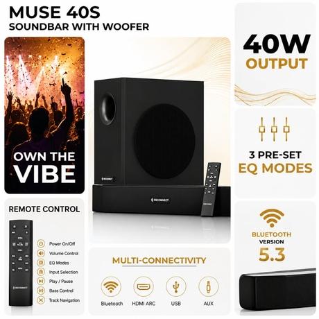 Reconnect Muse 40S Soundbar with Woofer, SB01507 (Black)-7