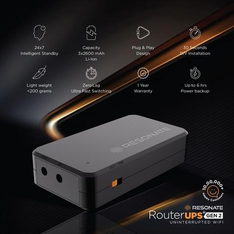 Resonate RouterUPS Gen2, Original Router UPS for 12V WiFi Router & Modem (Supports up to 2A) (7800mAh - 95% Longer Power Backup), Compact Mini UPS with Intelligent Charging (Upto 6 Hrs Internet)-3