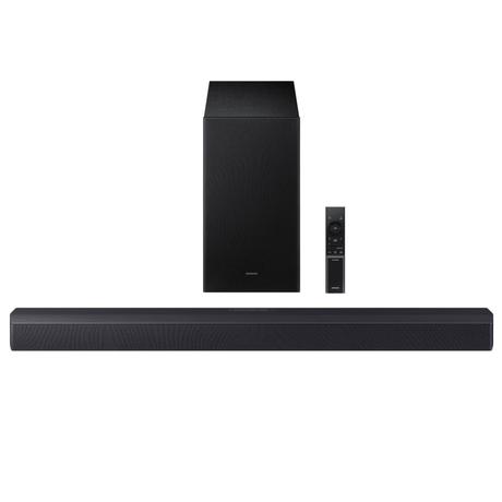 Samsung 300 W 2.1 ch Soundbar with Dolby Audio, DTS Virtual:X, 3D Surround Sound, Bass Boost, Adaptive Sound, Voice Enhance, Game Mode, Night Mode, HDMI ARC, Optical In, Bluetooth, USB, Wireless Subwoofer (HW-B45EF/XL, Titan Black)-0