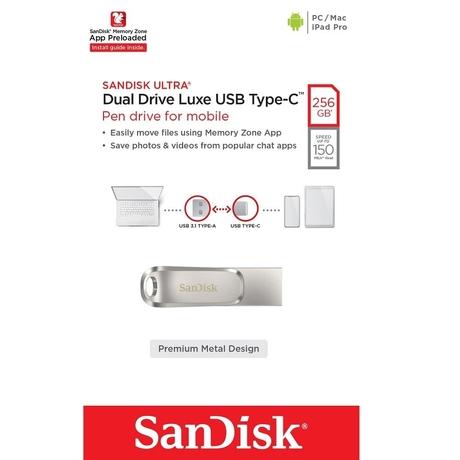 SanDisk 256 GB Ultra Dual Drive Luxe USB Type-C USB 3.1 Flash Drive, SDDDC4-256G-I35-6