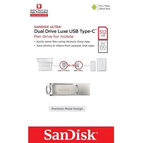 SanDisk 512 GB Ultra Dual Drive Luxe USB Type-C USB 3.1 Flash Drive, SDDDC4-512G-I35-6
