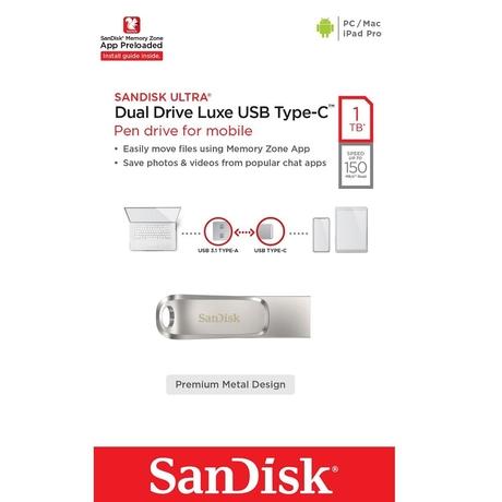 SanDisk 1 TB GB Ultra Dual Drive Luxe USB Type-C USB 3.1 Flash Drive, SDDDC4-1T00-I35-6