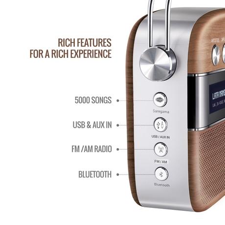 Saregama Carvaan Hindi - Portable Music Player with 5000 Preloaded Songs, FM/BT/AUX (Oak Wood Brown)-2
