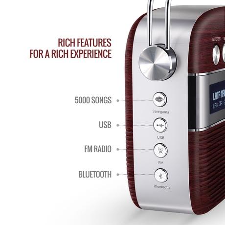 Saregama Carvaan Hindi - Portable Music Player with 5000 Preloaded Songs, FM/BT/AUX (Cherrywood Red)-2