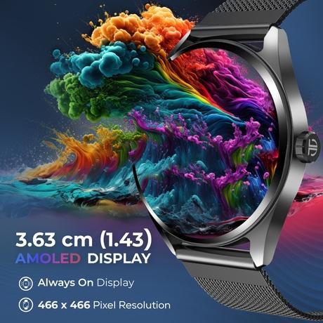 Titan Crest Premium Metal Smartwatch with 3.63 cm (1.43 inch) AMOLED Display, BT Calling, AI Voice Assistant, 100+ Sports Modes & IP68 Water Resistance (Black Leather)-1