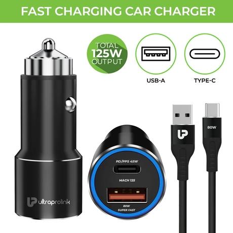 UltraProlink UM1160 125W Fast Car Charger for iPhone14, 15, Oneplus, Oppo, Galaxy, Nothing and Pixel Phones, Black-1