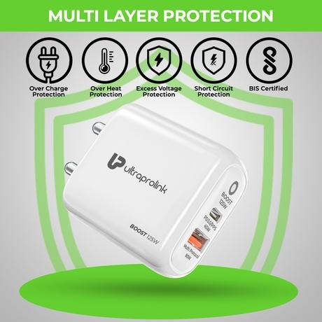 UltraProlink 125 W Dual USB Multi-Protocol Fast Travel Charger with 100 cm (1 m) Type-C to Type-C Cable-4