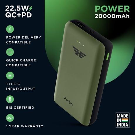Urbn 20000 mAh Ultra Compact Power Bank, 22.5 W Superfast Charging Technology, Quick Charge and Power Delivery Compatible, 12 Layers Circuit Protection, Smart Adaptive IC, Cable Included, LED Indicator, Camo-3