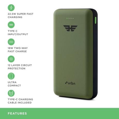Urbn 20000 mAh Ultra Compact Power Bank, 22.5 W Superfast Charging Technology, Quick Charge and Power Delivery Compatible, 12 Layers Circuit Protection, Smart Adaptive IC, Cable Included, LED Indicator, Camo-4