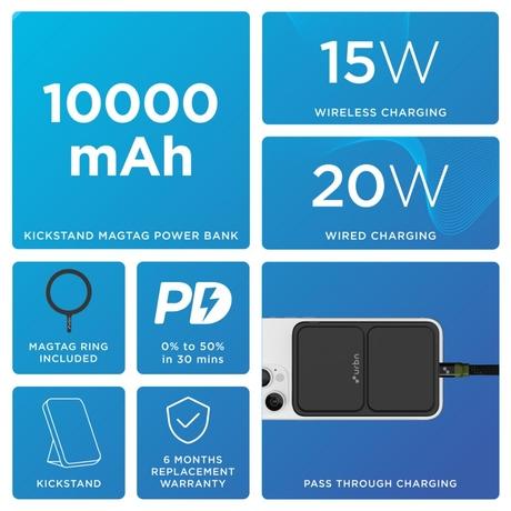 Urbn 10000 mAh 15 W MagTag Power Bank with Stand, Black-2