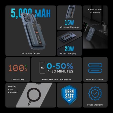 Urbn One Aero 5000 mAh Magsafe Power Bank, Blue, UPR027-2