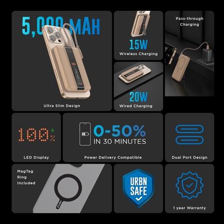 Urbn One Aero 5000 mAh Magsafe Power Bank, Mocha, UPR027-2