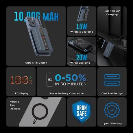 Urbn One Aero 10000 mAh Magsafe Power Bank, Blue, UPR127-2