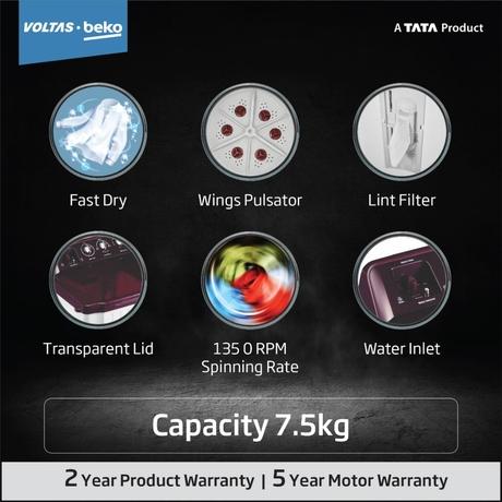 Voltas Beko 7.5 kg Semi Automatic, 1350 RPM, Wings Pulsator, Fast Dry, Lint Filter, Burgundy, 5 Star (BRSSWH4PTR0)-1