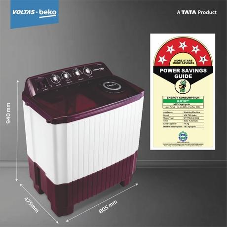 Voltas Beko 7.5 kg Semi Automatic, 1350 RPM, Wings Pulsator, Fast Dry, Lint Filter, Burgundy, 5 Star (BRSSWH4PTR0)-2