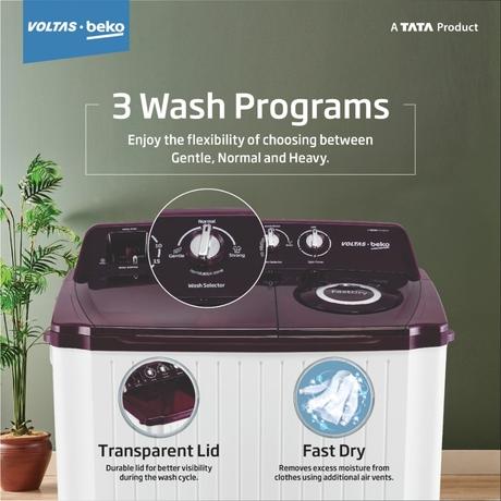 Voltas Beko 7.5 kg Semi Automatic, 1350 RPM, Wings Pulsator, Fast Dry, Lint Filter, Burgundy, 5 Star (BRSSWH4PTR0)-3