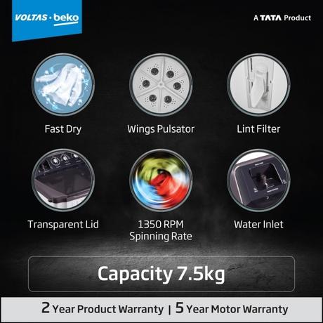 Voltas Beko 7.5 kg Semi Automatic, Double Water Fall, 4 Wash Program, Special Pulsator, Fast Dry, Grey, 5 Star (GRSSWH4PTR0)-1