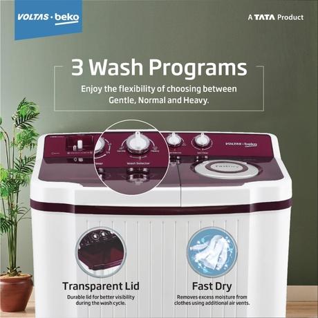 Voltas Beko 9 kg Semi Automatic, Dual Waterfall, Wing Pulsator, Lint filter, Burgundy, 5 star (WTT90UCA/BRSSWH4PTR0)-3
