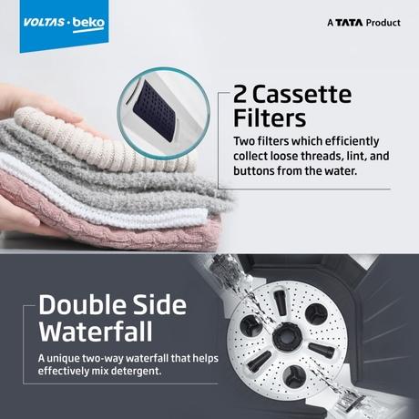 Voltas Beko 9 kg Semi Automatic, Special Pulsator Wash, Dual Waterfall, 2 Cassette filter, Grey, 5 Star (WTT90UCAGRS)-7