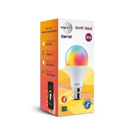 Wipro 9 Watts B22 Wi-Fi Smart LED Bulb with 16 Million Colours, Music Sync, Amazon Alexa and Google Assistant, NS9400-3