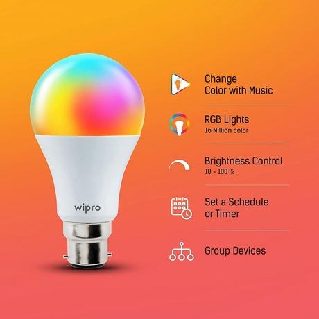 Wipro 9 Watts B22 Wi-Fi Smart LED Bulb with 16 Million Colours, Music Sync, Amazon Alexa and Google Assistant, NS9400-4