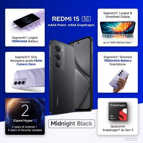 Redmi 15 5G 256 GB, 8 GB RAM, Midnight Black, Mobile Phone-1