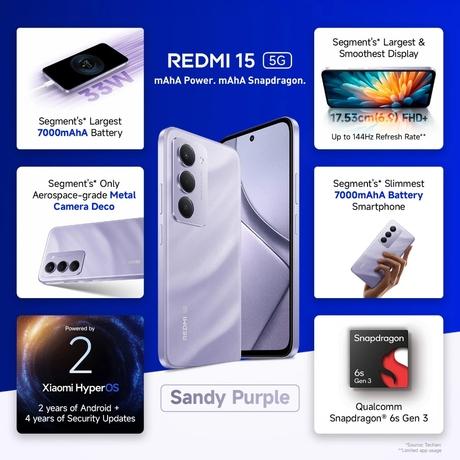 Redmi 15 5G 256 GB, 8 GB RAM, Sandy Purple, Mobile Phone-1