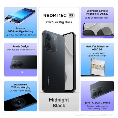 Redmi 15C 5G 128 GB, 4 GB RAM, Midnight Black, Mobile Phone-1