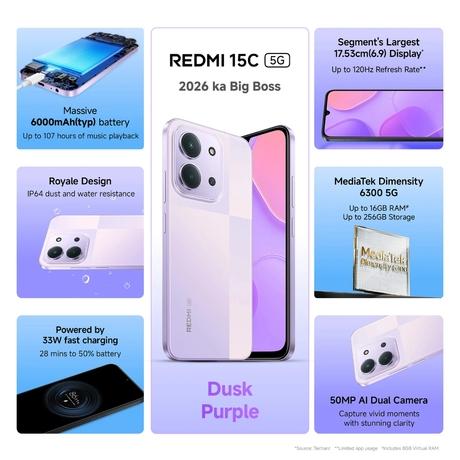 Redmi 15C 5G 128 GB, 4 GB RAM, Dusk Purple, Mobile Phone-1